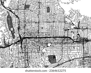 Mapa de la ciudad vectorial de escala de grises de Pasadena California en Estados Unidos de América con agua, campos y parques, y carreteras en un fondo blanco.