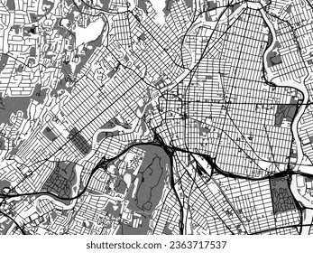 Mapa de la ciudad vectorial de escala griega de Paterson New Jersey en los Estados Unidos de América con agua, campos y parques, y carreteras en un fondo blanco.