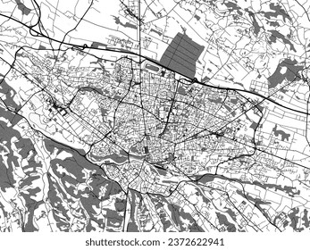 Graustufen-Vektorgrafik von Pau in Frankreich mit Wasser, Feldern und Parks und Straßen auf weißem Hintergrund.