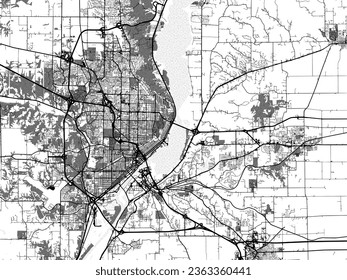 Greyscale vector city map of Peoria Illinois in the United States of America with with water, fields and parks, and roads on a white background.