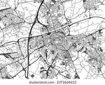Mapa vectorial de la ciudad de Perpiñán en Francia con agua, campos y parques, y caminos en un fondo blanco.