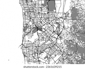Greyscale vector city map of Perth in Australia with with water, fields and parks, and roads on a white background.