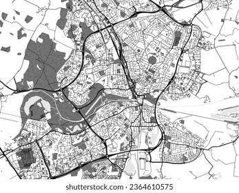 Greyscale vector city map of Peterborough in the United Kingdom with with water, fields and parks, and roads on a white background.
