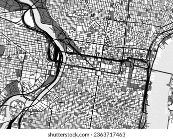 Greyscale vector city map of Philadelphia Center Pennsylvania in the United States of America with with water, fields and parks, and roads on a white background.