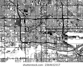 Greyscale vector city map of Phoenix Centre Arizona in the United States of America with with water, fields and parks, and roads on a white background.