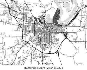 Greyscale vector city map of Pine Bluff Arkansas in the United States of America with with water, fields and parks, and roads on a white background.