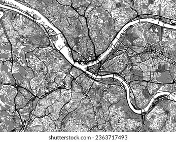 Mapa de ciudades vectoriales de escala griega de Pittsburgh Pennsylvania en los Estados Unidos de América con agua, campos y parques, y caminos en un fondo blanco.