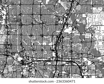 Greyscale vector city map of Plano Texas in the United States of America with with water, fields and parks, and roads on a white background.