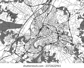 Mapa vectorial de la ciudad de Poitiers a escala de grises en Francia con agua, campos y parques, y caminos en un fondo blanco.