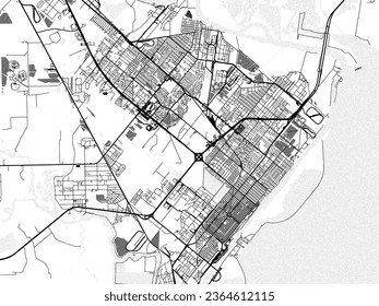 Greyscale vector city map of Port Arthur Texas in the United States of America with with water, fields and parks, and roads on a white background.