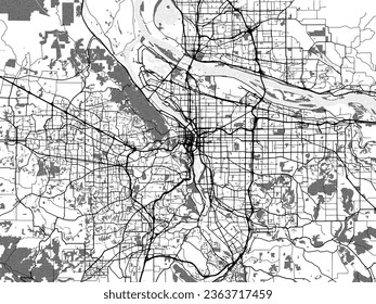 Graustufen-Vektorgrafik von Portland Oregon in den Vereinigten Staaten von Amerika mit Wasser, Feldern und Parks und Straßen auf weißem Hintergrund.