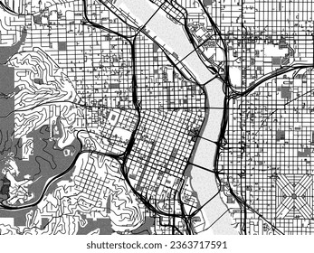 Mapa de la ciudad vectorial de escala de grises del Portland Center Oregon en los Estados Unidos de América con agua, campos y parques, y caminos en un fondo blanco.