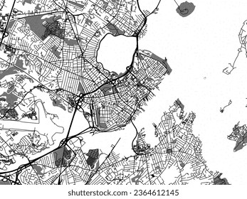 Greyscale vector city map of Portland Maine in the United States of America with with water, fields and parks, and roads on a white background.