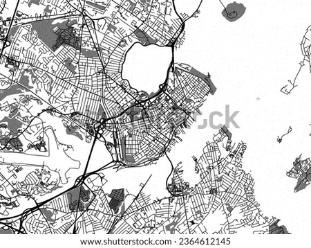 Greyscale vector city map of Portland Maine in the United States of America with with water, fields and parks, and roads on a white background.
