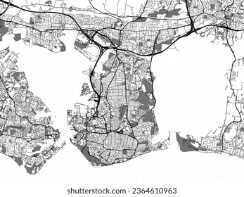Greyscale vector city map of Portsmouth in the United Kingdom with with water, fields and parks, and roads on a white background.