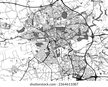 Greyscale vector city map of Preston in the United Kingdom with with water, fields and parks, and roads on a white background.