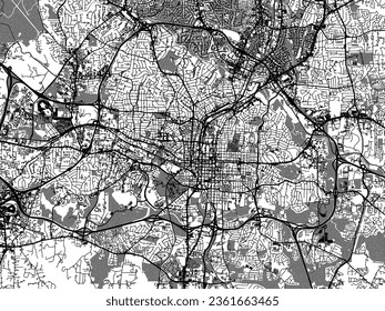 Greyscale vector city map of Raleigh North Carolina in the United States of America with with water, fields and parks, and roads on a white background.