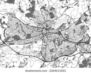 Greyscale vector city map of Reading in the United Kingdom with with water, fields and parks, and roads on a white background.