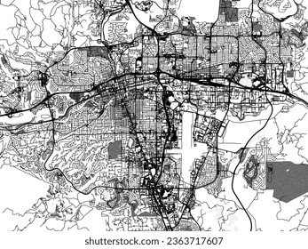 Greyscale vector city map of Reno Nevada in the United States of America with with water, fields and parks, and roads on a white background.