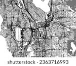 Greyscale vector city map of Renton Washington in the United States of America with with water, fields and parks, and roads on a white background.