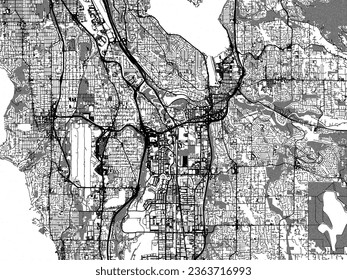 Greyscale vector city map of Renton Washington in the United States of America with with water, fields and parks, and roads on a white background.