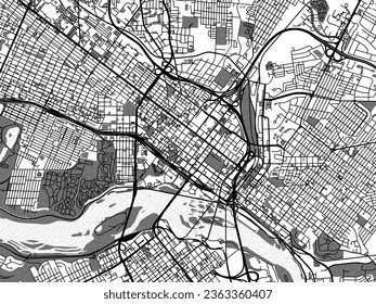 Mapa de la ciudad vectorial de escala griega del Centro Richmond de Virginia en los Estados Unidos de América con agua, campos y parques, y caminos en un fondo blanco.