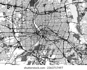 Greyscale vector city map of Rochester New York in the United States of America with with water, fields and parks, and roads on a white background.