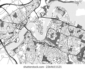 Mapa de ciudades vectoriales a escala de grises de Rochester-Chatham-Gillingham en el Reino Unido con agua, campos y parques, y caminos en un fondo blanco.