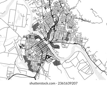 Mapa de la ciudad vector de escala de grises de Rockhampton en Australia con agua, campos y parques, y caminos en un fondo blanco.