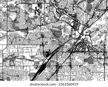 Greyscale vector city map of Roseville California in the United States of America with with water, fields and parks, and roads on a white background.