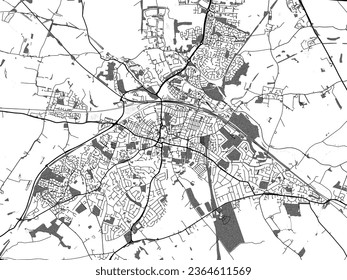 Greyscale vector city map of Rugby in the United Kingdom with with water, fields and parks, and roads on a white background.