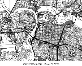 Greyscale vector city map of Sacramento California in the United States of America with with water, fields and parks, and roads on a white background.