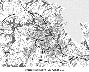 Greyscale vector city map of Saint-Brieuc in France with with water, fields and parks, and roads on a white background.