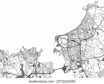 Greyscale vector city map of Saint-Malo in France with with water, fields and parks, and roads on a white background.
