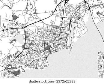 Greyscale vector city map of Saint-Nazaire in France with with water, fields and parks, and roads on a white background.