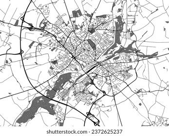 Greyscale vector city map of Saint-Quentin in France with with water, fields and parks, and roads on a white background.