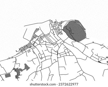 Mapa vectorial de la ciudad de Saint-Tropez en Francia a escala de grises con agua, campos y parques, y caminos en un fondo blanco.
