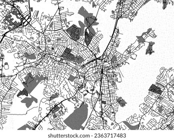 Greyscale vector city map of Salem Massachusetts in the United States of America with with water, fields and parks, and roads on a white background.