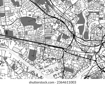 Mapa vectorial de Salford en escala de grises en el Reino Unido con agua, campos y parques, y caminos en un fondo blanco.
