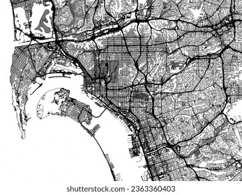 Greyscale vector city map of San Diego California in the United States of America with with water, fields and parks, and roads on a white background.
