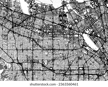 Greyscale vector city map of Santa Clara - Sunnyvale California in the United States of America with with water, fields and parks, and roads on a white background.