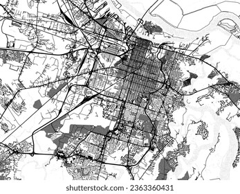 Greyscale vector city map of Savannah Georgia in the United States of America with with water, fields and parks, and roads on a white background.