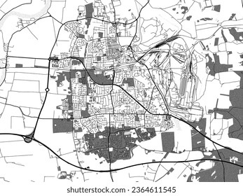 Greyscale vector city map of Scunthorpe in the United Kingdom with with water, fields and parks, and roads on a white background.