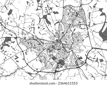 Greyscale vector city map of Shrewsbury in the United Kingdom with with water, fields and parks, and roads on a white background.