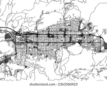 Greyscale vector city map of Simi Valley California in the United States of America with with water, fields and parks, and roads on a white background.