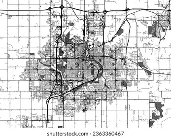 Mapa de ciudades vectoriales a escala de grises de Sioux Falls Dakota del Sur en Estados Unidos de América con agua, campos y parques, y caminos en un fondo blanco.