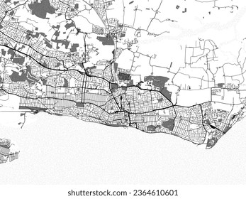 Greyscale vector city map of Southend-on-Sea in the United Kingdom with with water, fields and parks, and roads on a white background.