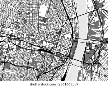 Graustufen-Vektorgrafik von St. Louis Center Missouri in den Vereinigten Staaten von Amerika mit Wasser, Feldern und Parks und Straßen auf weißem Hintergrund.