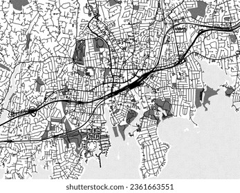 Graustufen-Vektorgrafik von Stamford Connecticut in den Vereinigten Staaten von Amerika mit Wasser, Feldern und Parks und Straßen auf weißem Hintergrund.