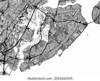 Greyscale vector city map of Staten Island New York in the United States of America with with water, fields and parks, and roads on a white background.